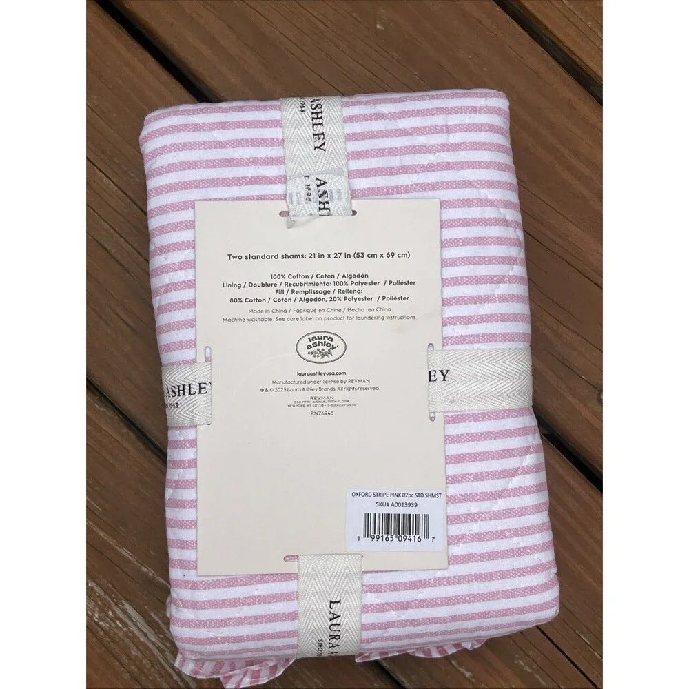 Laura Ashley Oxford Stripe Pink Cotton Sham Pair Standard Pillow Ruffle Trim New